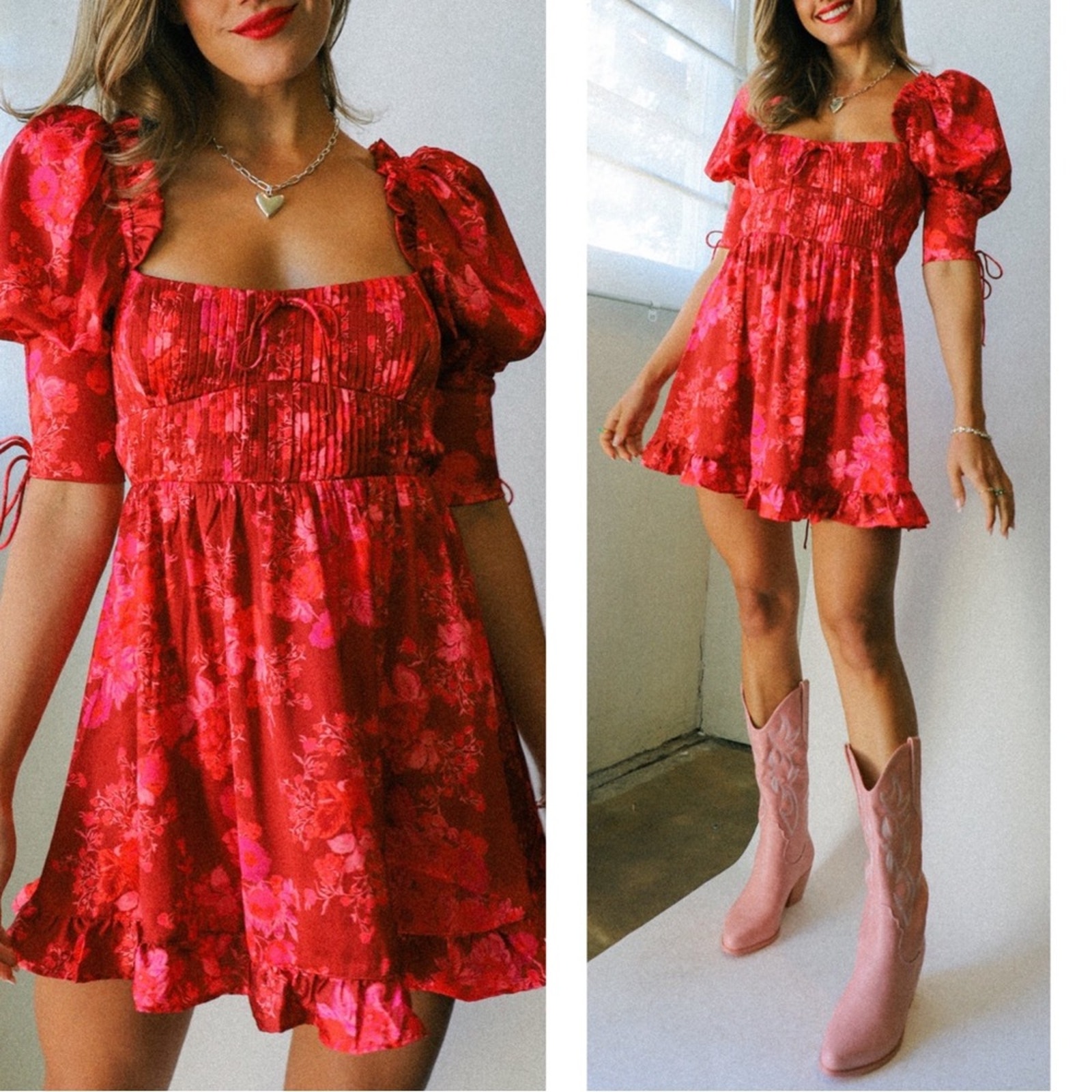For Love & Lemons Alia Floral Puff Sleeve Tie Back Red Mini Dress Size Xs